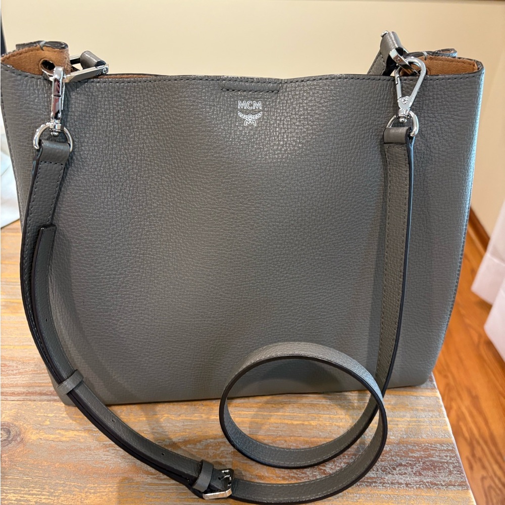 MCM Gray Pebbled Leather Shoulder Bag with Adjustable Strap